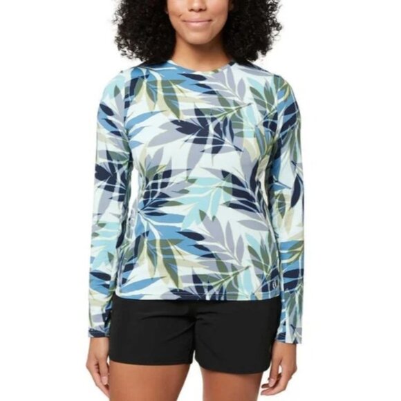 Hang Ten M Tropical Leaf Long Sleeve Swim Shirt Modest Rashguard Top Zip Pocket - Picture 9 of 9